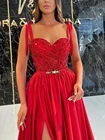 Женское вечернее платье на тонких бретельках, красное платье с блестками и разрезом, ТРАПЕЦИЕВИДНОЕ коктейльное платье для невесты и выпускного вечера, Осень-зима 2021