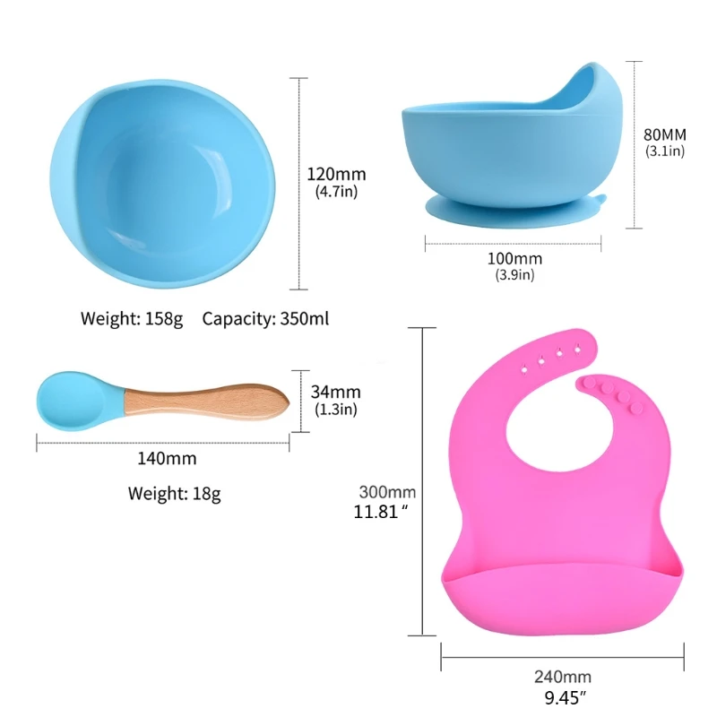 

Baby Silicone Bowl Bibs Set Non-slip Children's Suction Plate Wooden Handle Silicone Spoon Bibs Dishes Baby Feeding Tableware
