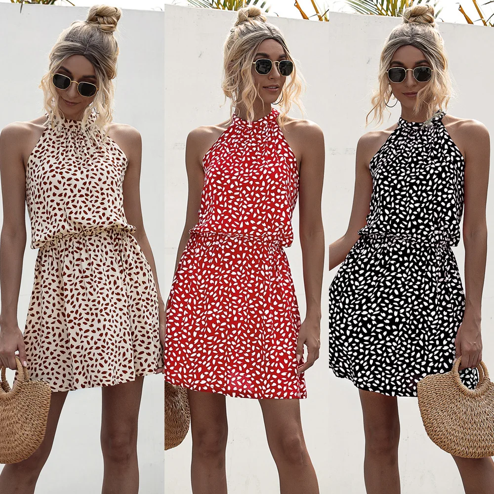 

Sexy Halter Off Shoulder Lace Up Bow Design Mini Dress Women Summer 2021 New Sleeveless Print Elastic Waist Casual Slim Vestidos