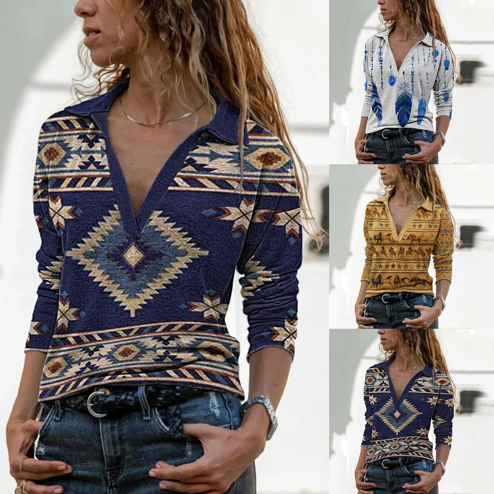 

Women's T-Shirt Autumn Winter Ladies Long-sleeved V-neck Fashion Bohemia Printed Casual Blouse Streetwear Feminina Tops D716#