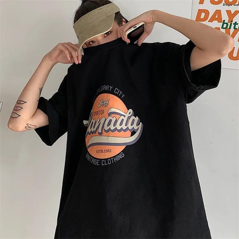 

HLM Loose Korean bf Hip-hop Scheming Bottoming Letter Print Tops Sweetwear Harajuku Cotton Casual Sport Wild Graphic Tee Tops