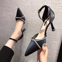2021 elegant and fashionable one word buckle high heels female stiletto pointed toe spring new french baotou rhinestone sandals