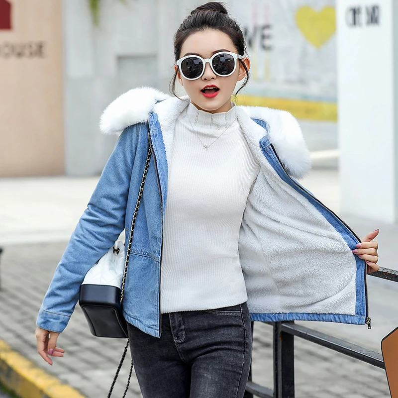 Новинка 2019 теплая зимняя женская джинсовая куртка с мехом модная синяя меховой