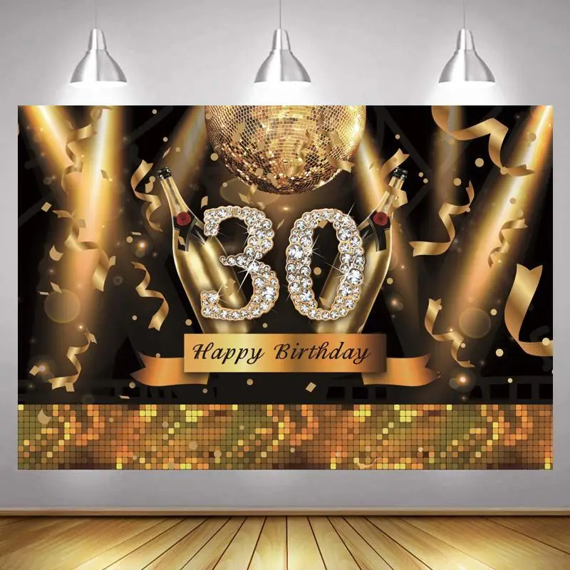 

30th Photo Backdrop Gold Champagne Happy Birthday Party Light Flower Decoration Men Lady Photography Backgrounds Banner