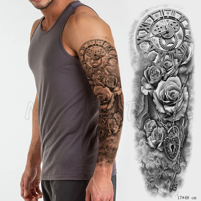 Full Arm Waterproof Temporary Tattoo Sticker Big Roma Clock Rose Flower Plant Art Fake Tatoo Flash Tatto for Man Woman | Красота и