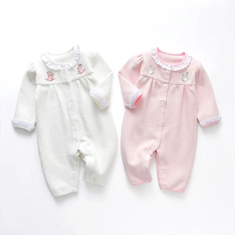 

Baby Girl Rompers Pink/White Onesie For 0-2Y Girls Bunny Print Clothes Long Sleeve Spring/Fall Outfits Infant Babies Jumpsuits