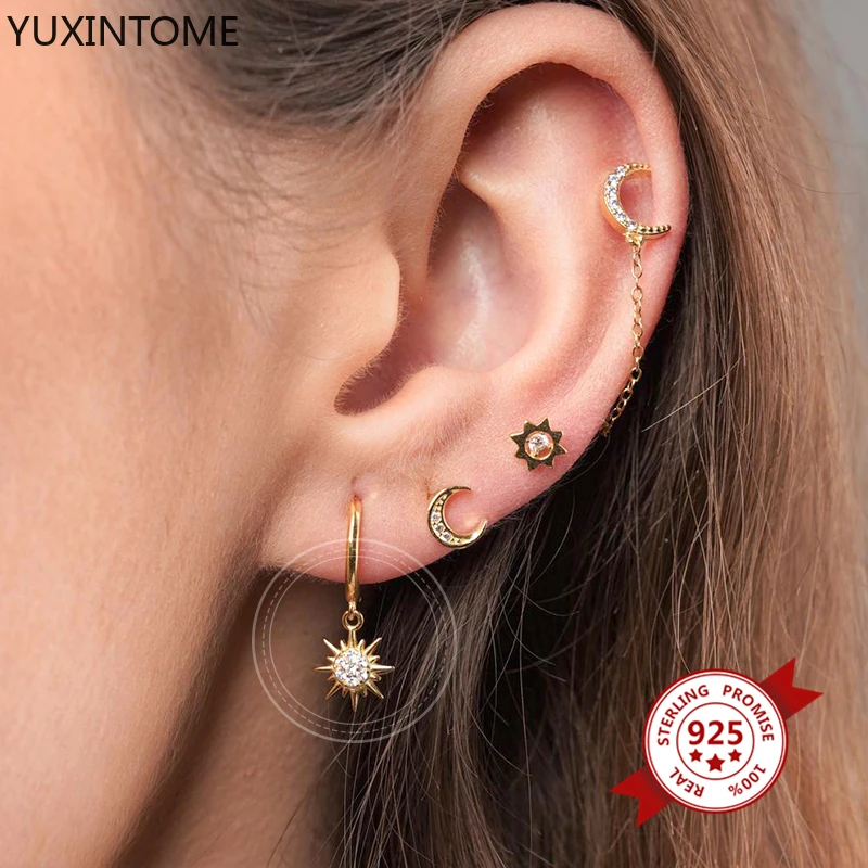

925 Sterling Silver Ear Buckle Long Drop Earrings for Women Sun Dangle Earrings Brincos Female Fashion Jewelry Accessories