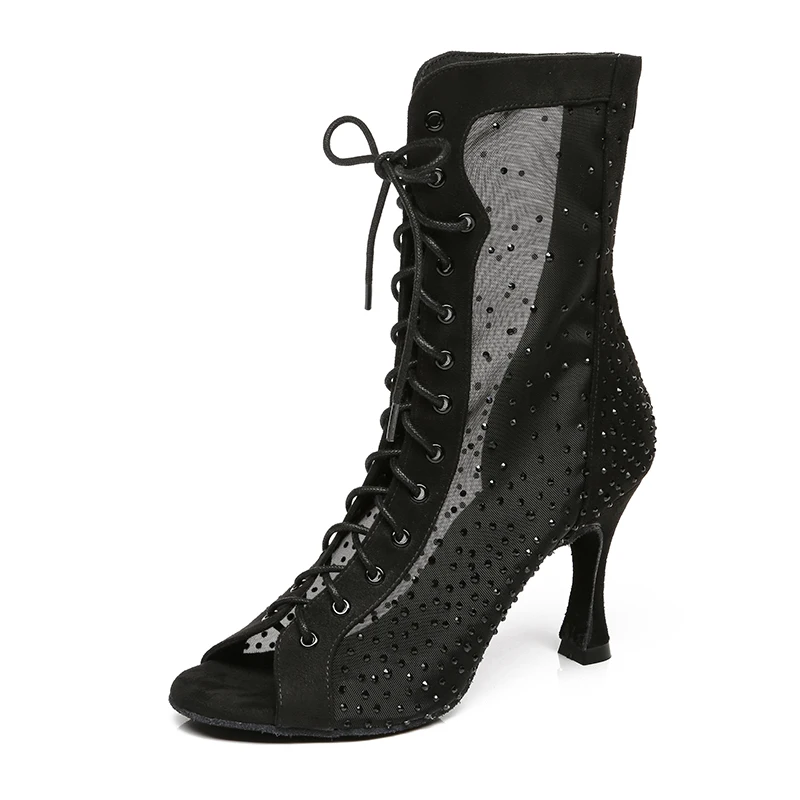 

Women Black Red Lace-up Ballroom Dance Boot Girls Rhinestone Bachata Salsa Latin Dancing Shoes for Woman High Heels Booties