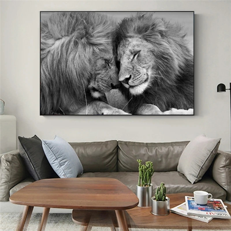 

African Lion Head To Head Lions Canvas Paintings Poster Print Cuadros Wall Art for Living Room Home Decor (No Frame)