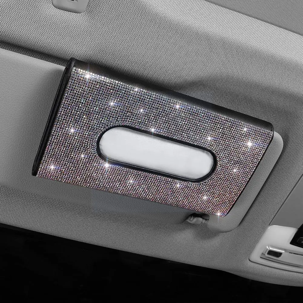

Car Sun Visor Sandwich Tissue Box Leather Seat Back Diamond-studded Creative Rhinestone Female Drawer Car Fashion Holder Ti N3V4
