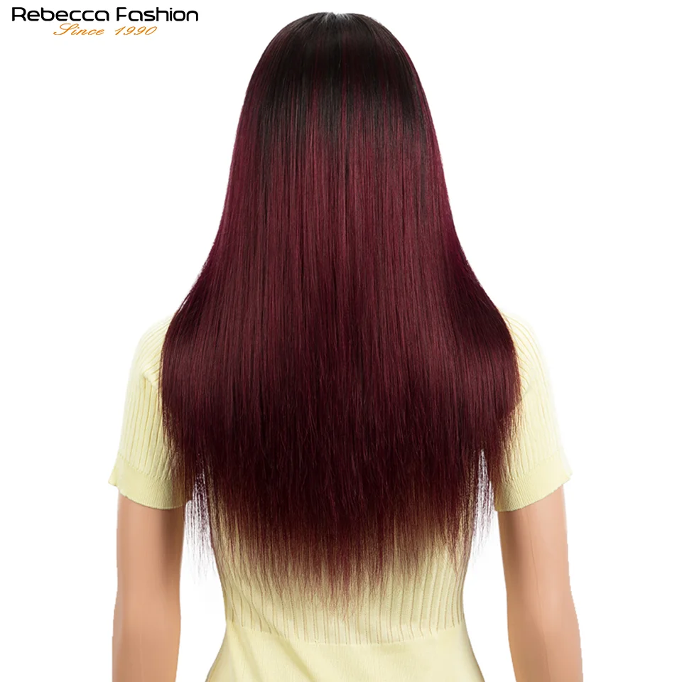 Rebecca Straight Hair 13X1 Lace Front Wig Human Wigs Ombre 99J Red Burgundy Pre-Plucked 180% Remy Deep Part | Шиньоны и парики