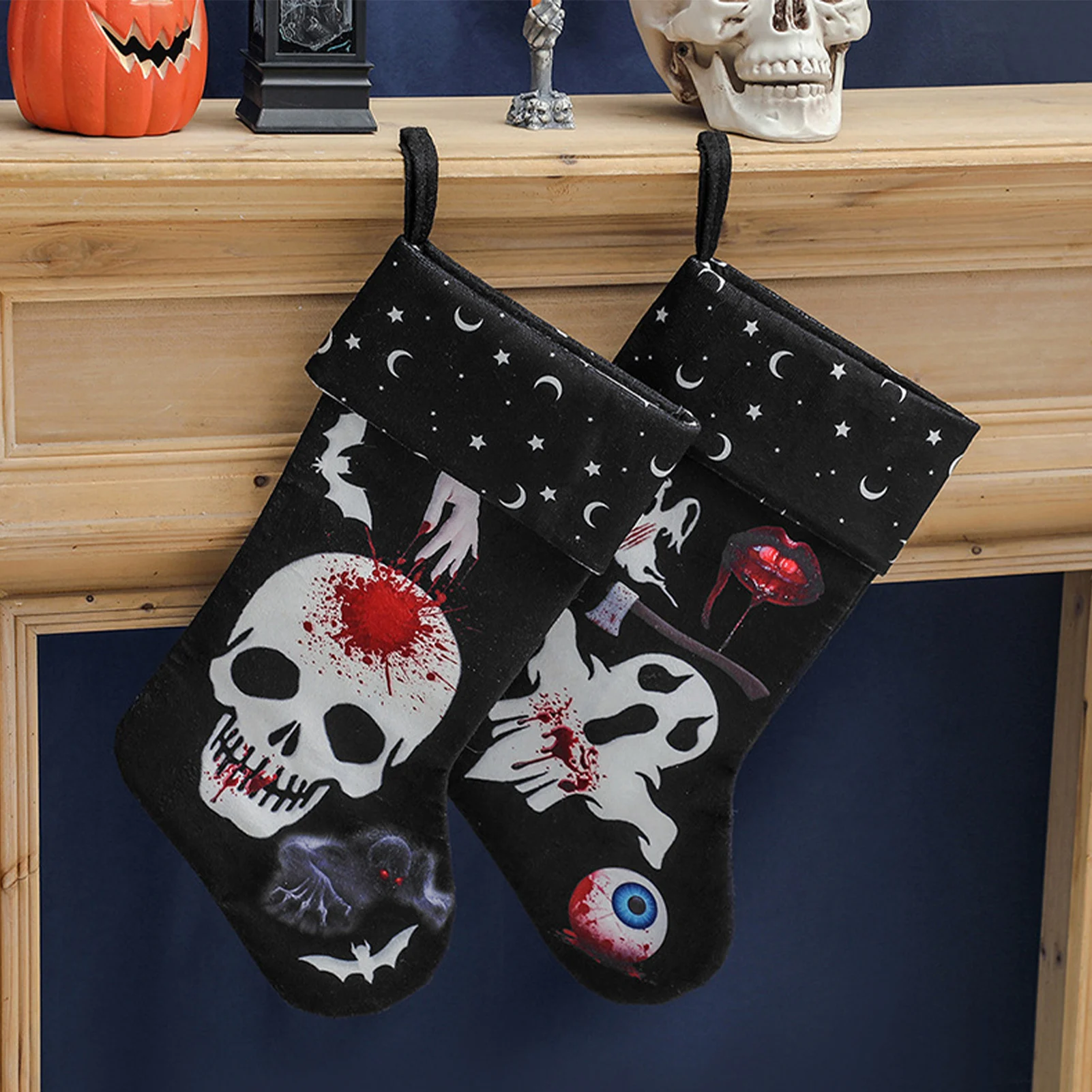 

2pc Halloween Decoration Socks Candy Gift Bag Black Skeleton Ghost Printing Gift Bag Pendant Scary Scene Decoration Home fashion