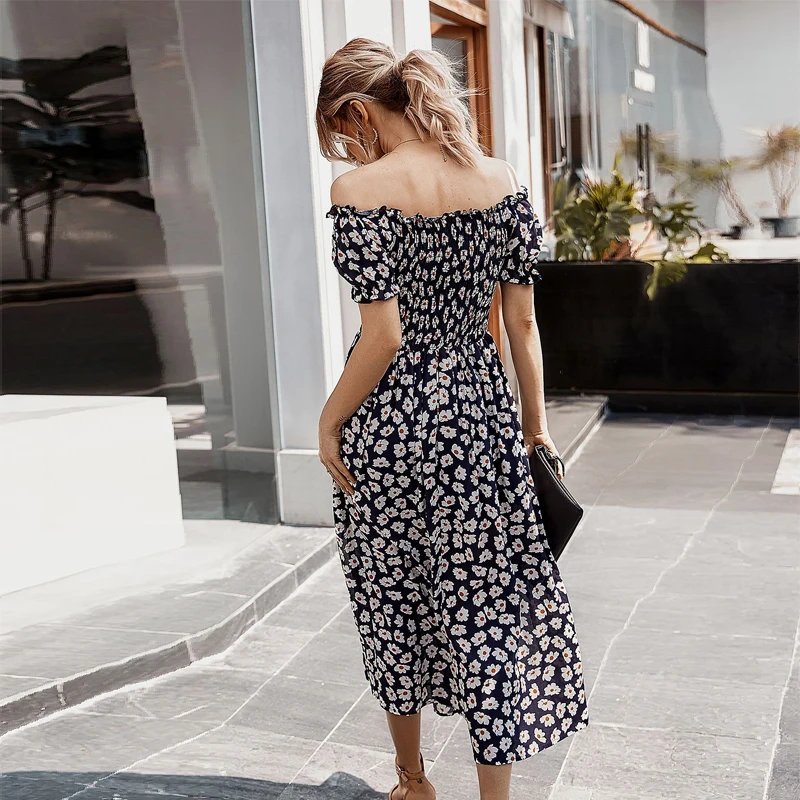 

Summer Women's Off The Shoulder Dress 2021 New Elegant Slash Neck Split Lady High Waist Floral Print Mid-Calf Dress