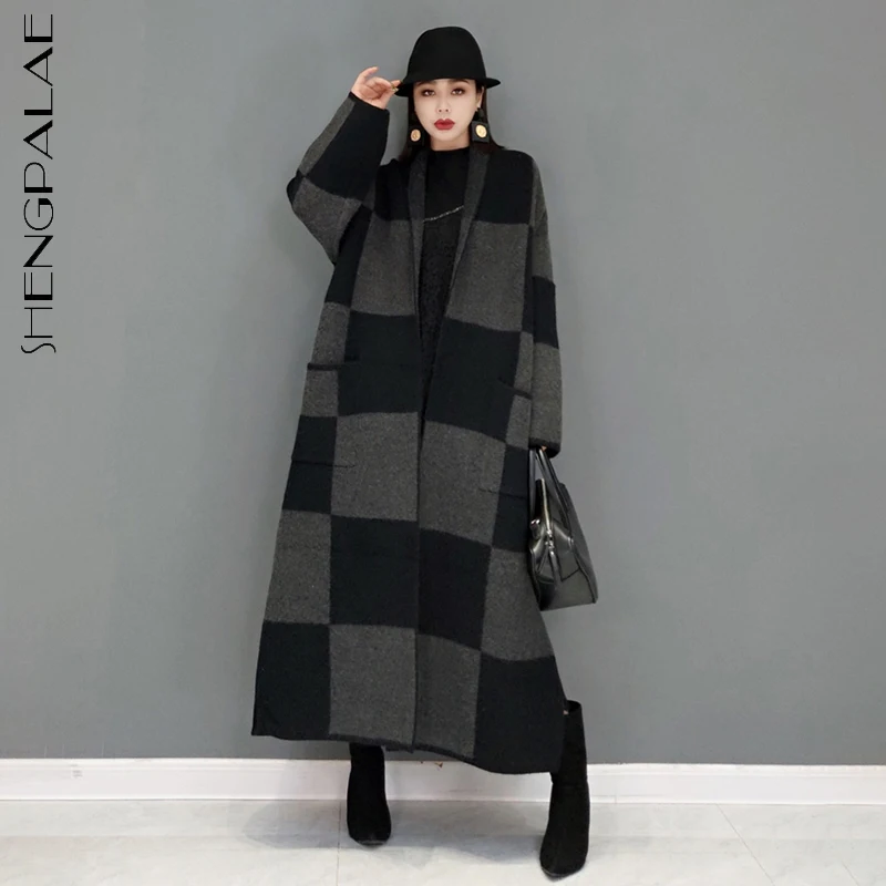 

SHENGPALAE модный клетчатый шерстяной плащ женский зимний 2021 Новый Свободный Карманный Открытый стежок Fuul рукав ветровка