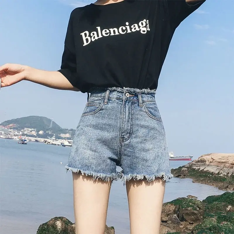 

Elegant denim shorts women's high waist loose 2021 new summer show thin Korean version wear A-NET red spring and summer tide