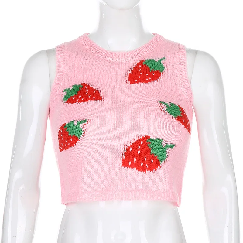 

Cute Strawberry Embroidery Sweater Vest Women Sleeveless Cropped Y2k Top Knitted Vest Autumn Winter Fashion 2020 Women Pullover