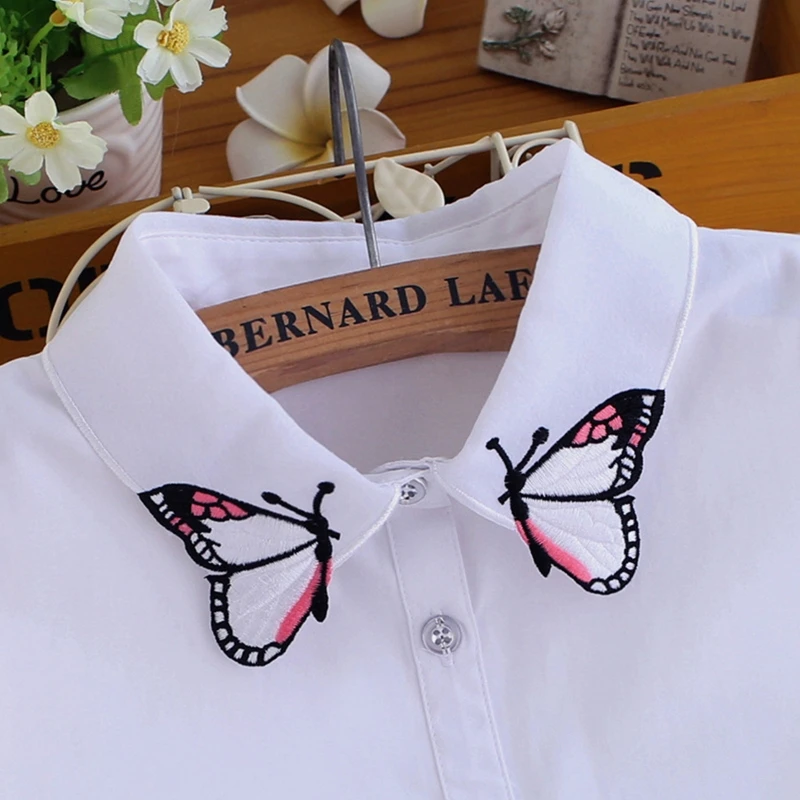 

Women Elegant Colorful Butterfly Embroidery Lapel False Fake Collar Button Down Detachable Half Shirt Blouse Dickey