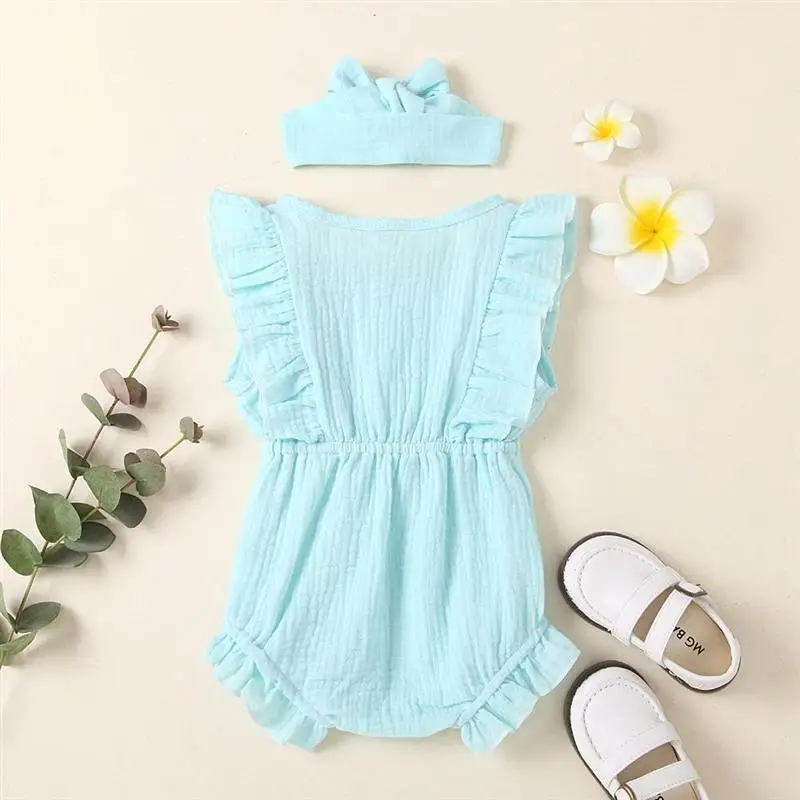 

2021 Summer Baby Girls Round Neck Romper+Headdress Set Ruffles Sleeveless Infant Rompers Newborn Clothes