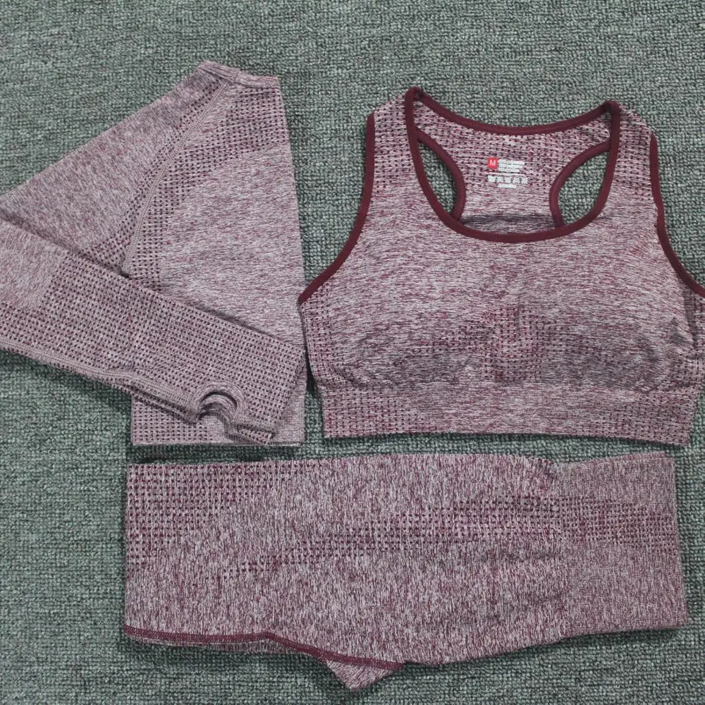 Wine Red Комплект из 3 предметов для йоги, Vital, бесшовные леггинсы, спортивный бюстгальтер+ укороченный топ с длинным рукавом+ женские леггинсы для бега, спортзала, с высокой талией, спортивный костюм для фитнеса - Цвет: Wine Red