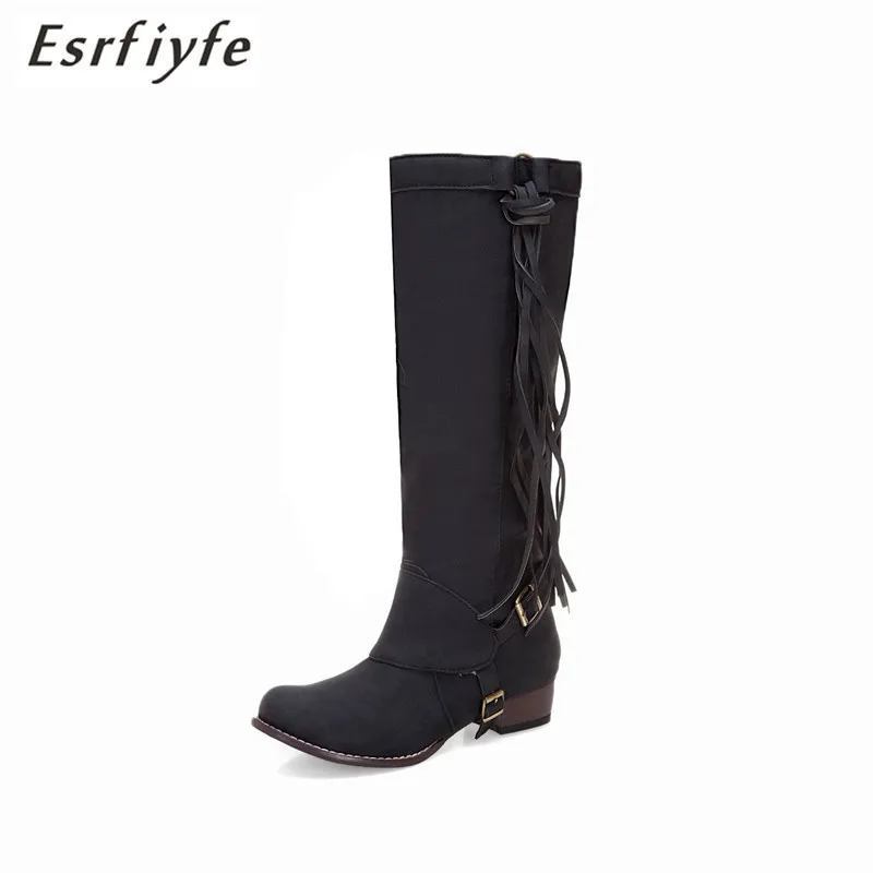 

ESRFIYFE New Fashion Large Size 34-48 Autumn Winter Women Knee High Boots Lace Up Women Shoes Round Toe Low Heel Shoes Woman