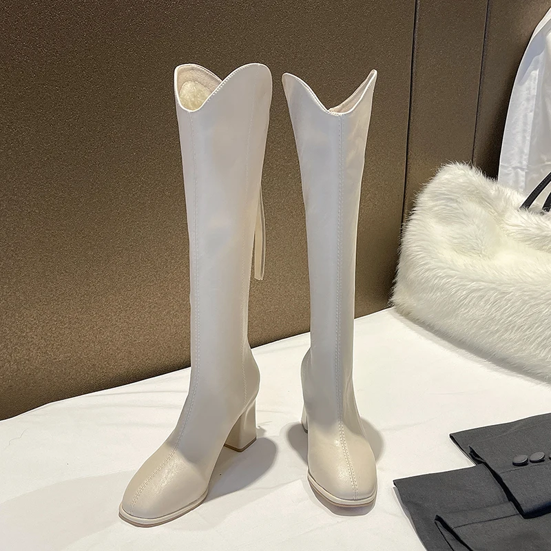 

Leather High Boots Women 2021 Winter Sexy Knee Boots Square Toe High Heels Woman Slip On Female Botas Casual Ladies Shoes
