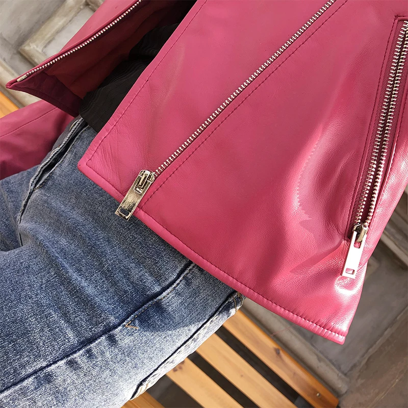 

JCHB 2021 Genuine Leather Jacket Women Pink Sheepskin Coat Female Motorcycle Coats and Jackets Spring Autumn Femme Veste Pph336