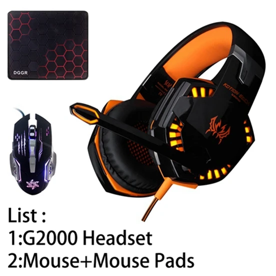 Orange G2000 Mouse KOTION каждый шлем светодиодный свет Игровые наушники с микрофоном для компьютера стерео гарнитура ПК и игровая мышь мыши колодки - Цвет: Orange G2000 Mouse