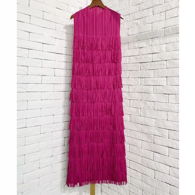 

2021 summer new women's solid color dress Miyak fold Fashion plus size half high neck sleeveless vest tassel dress evening dress