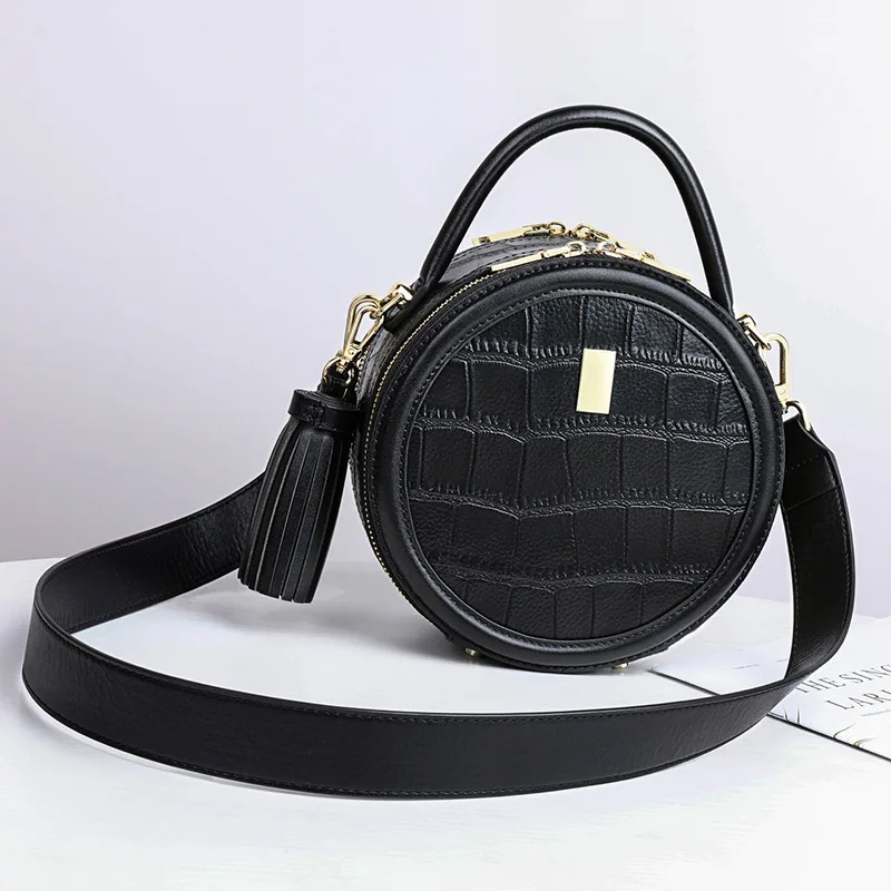 

Women Mini Crossbody Lady Elegant Small Tote Female Cow Leather Round Shouldle Handbag Fashion Style Lady Black Messenger Bag