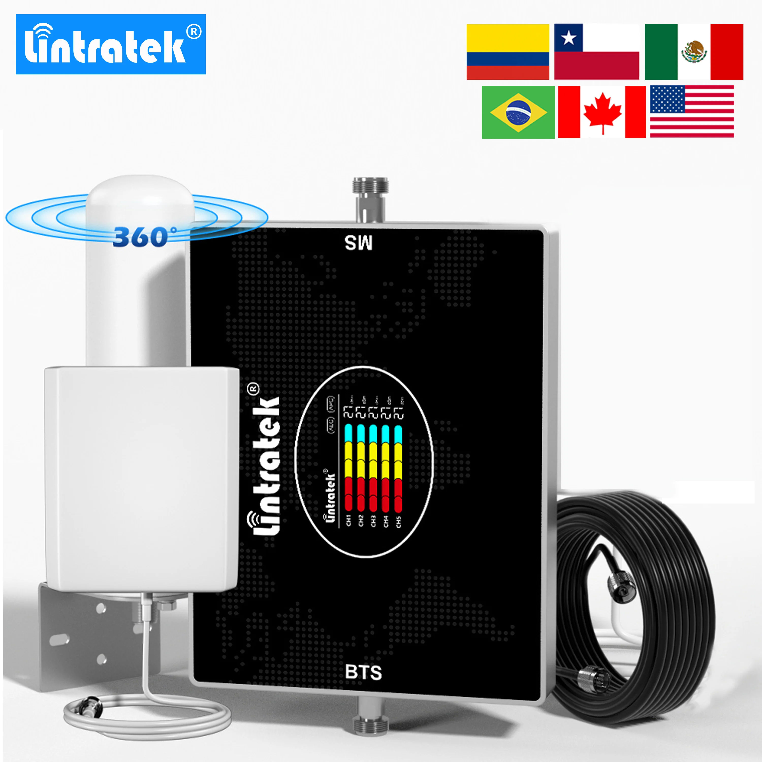 Lintratek Five Band Signal Booster Cellular Amplifier Repeater 850 700 1700 1900 2100B13 B12 B1 B5 B4 B2 For Chile Brazil Mexico