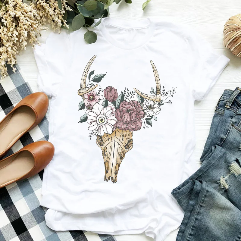 

Women Lady Animal Cartoon Deer Flower Short Sleeve Print Ladies T Tee Tshirt Womens Female Top Shirt Clothes Graphic T-shirt