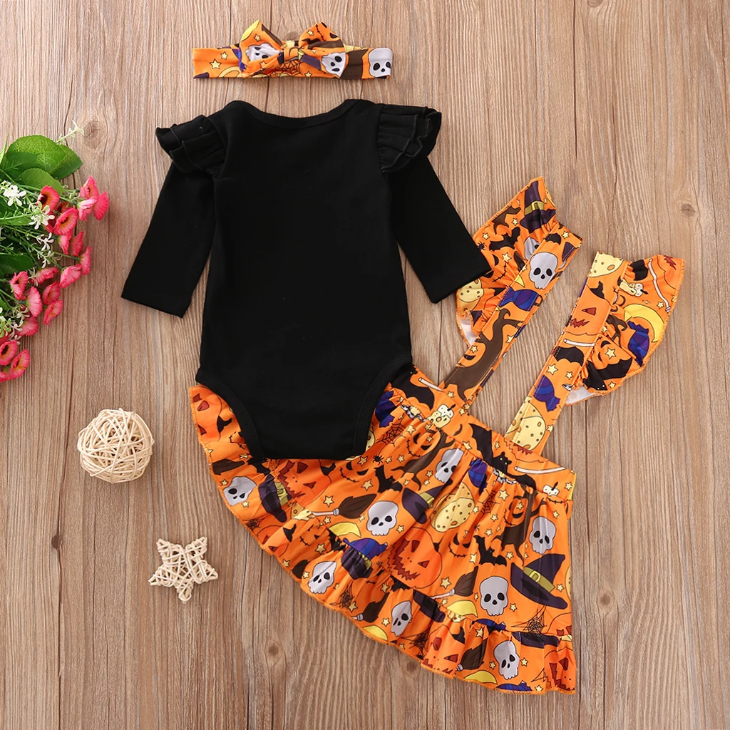 

Children Round Collar Halloween Romper Suit Long Sleeve Orange Strap Dress Autumn Clothing with Bow Headdress