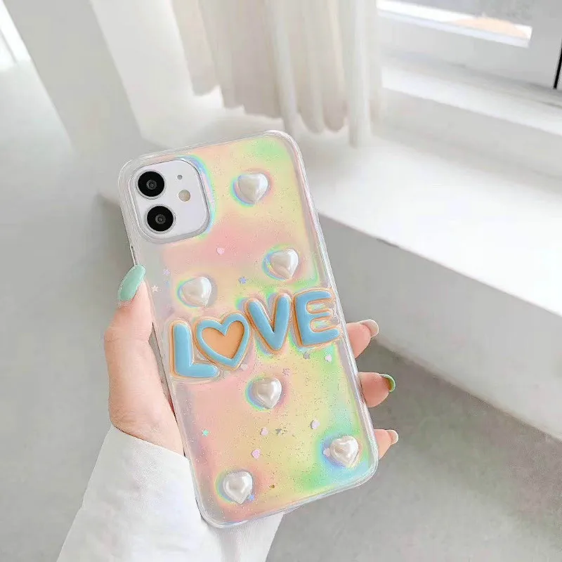 

Laser Pearl Love Epoxy Phone Case is suitable for iPhone11 12Pro Max mini X XR XS XSMax 8 7PluS anti-drop protective back cover