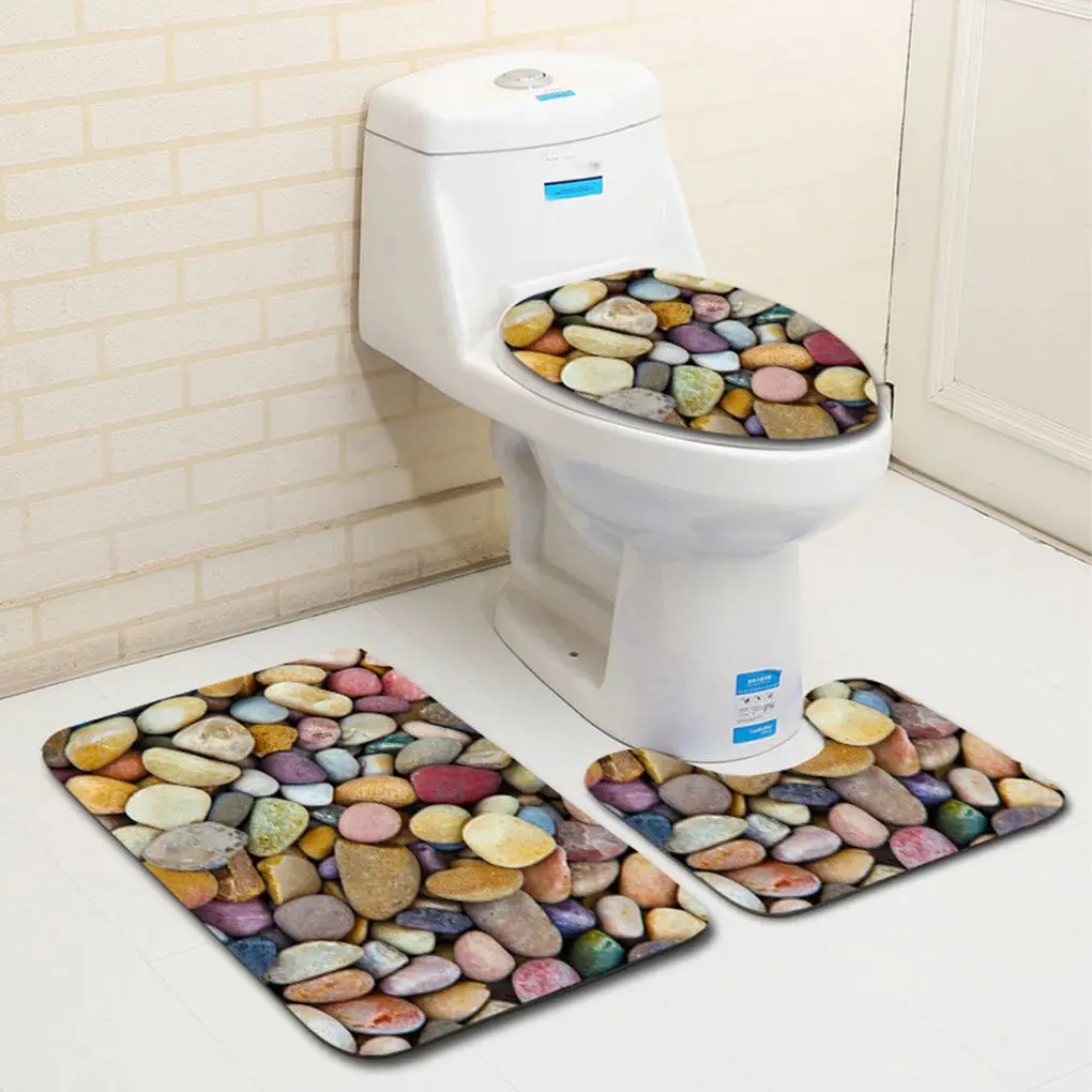 

3pcs/Set Carpet Bathroom 3D Stone Printing Non-Slip Bath Mat Doormats Decor Toilet Seat Cover Rug
