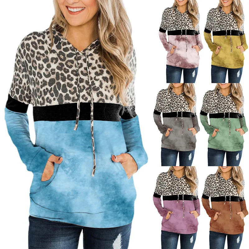 

Donsignet Fashion Women Sweater New Casual Hot Sale Hooded Collar Pullover Leopard Print Tie-dye Stitching Loose Pocket Sweater
