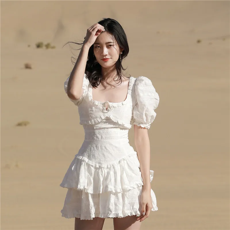 

French retro three-dimensional embroidery flowers gentle and sweet fairy skirt halter dress holiday seaside dress women K016