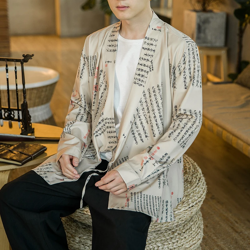 

Men Shirt Solid Color Retro Hanfu Long Sleeve Lace Up 2021 Vintage Stand Collar Mens Shirts Chinese style calligraphy printing