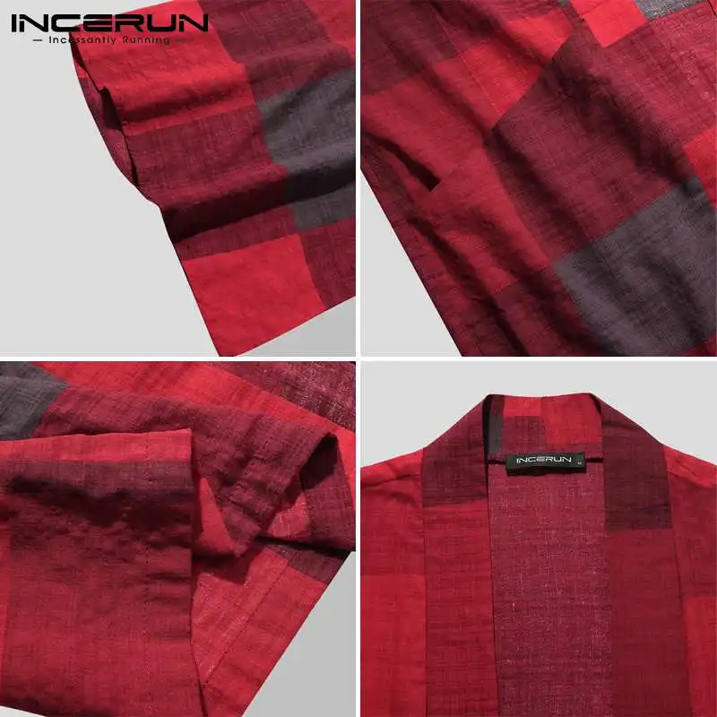

Vintage Plaid Men Shirt Long Sleeve Kimono Open Stitch Outerwear Loose Pockets 2021 Streetwear Cardigan Long Shirts Men INCERUN