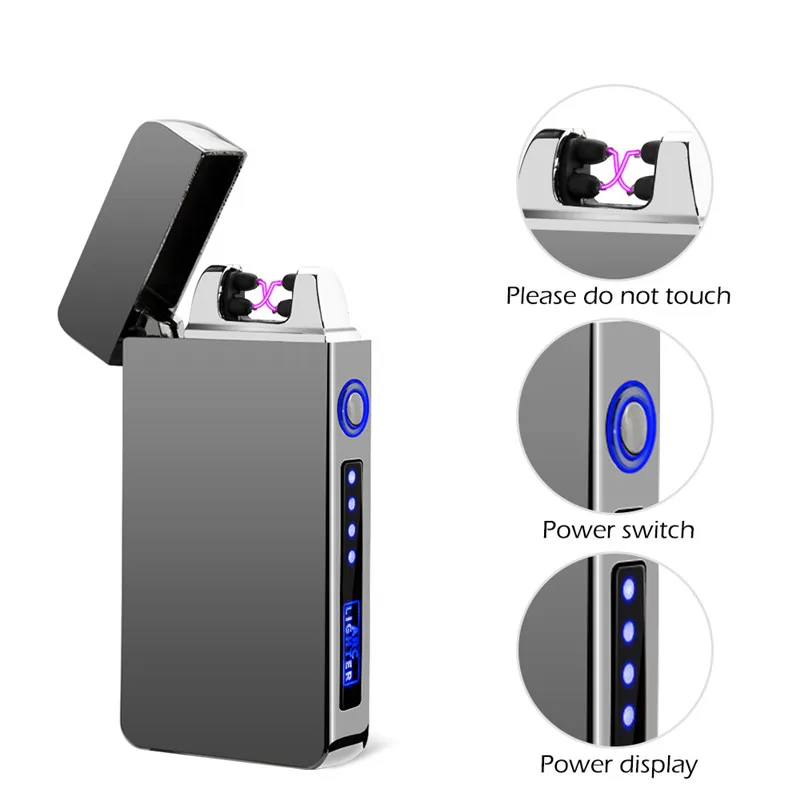 

Windproof Dual Arc Lighter Flameless Electronic Rechargeable Electric Lighter for Cigarette Candle with LED Power Display