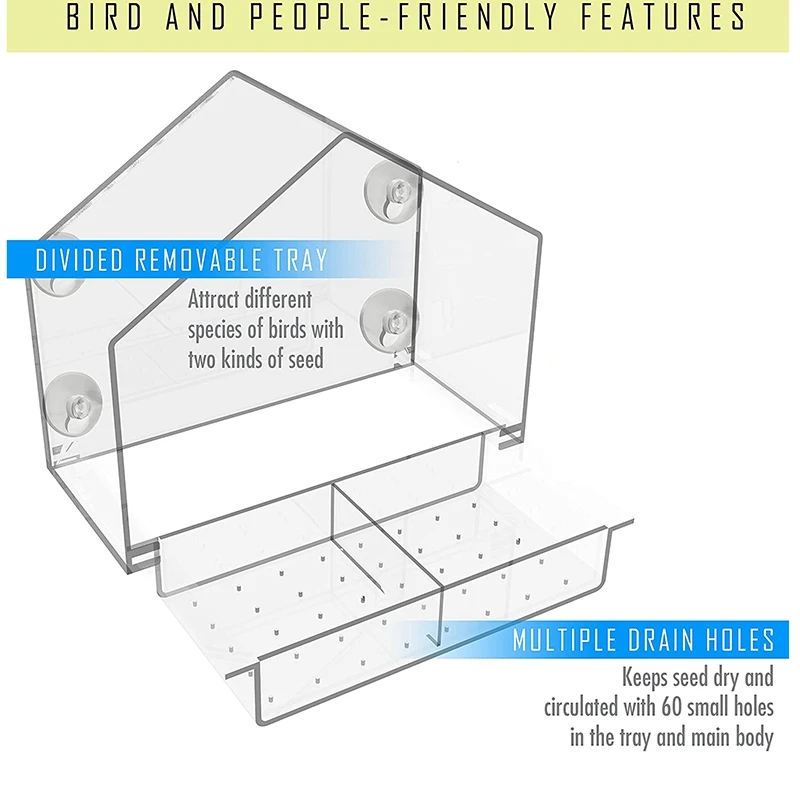 

Window Bird Feeder-Exterior Large Bird House. Movable Sliding Tray with Drain Holes.