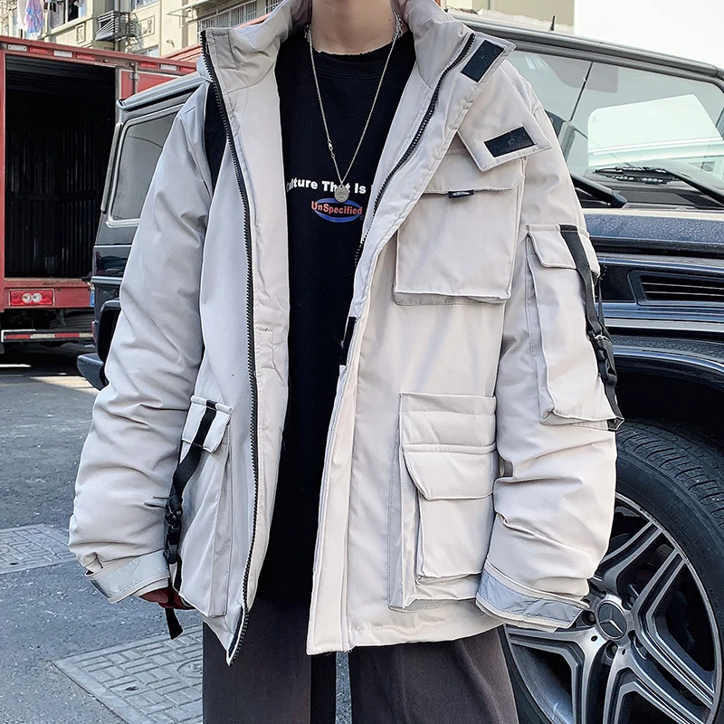 Winter Short Coat Men Warm Thick Parka Men Fashion Reflective Strip Hooded Coat Man Streetwear Loose Tooling Jacket Male Clothes
