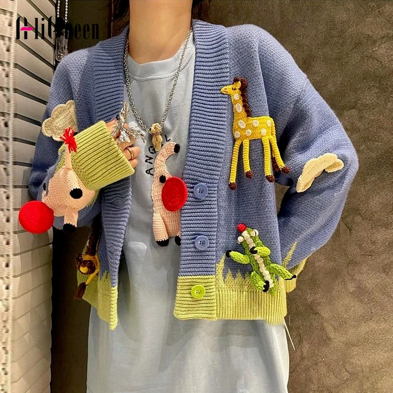 

Brand New Women Long Sleeve Crop Cardigans Korean Loose Animals Cartoon Knitted Sweater Jackets Tops Woman Cardigan Harajuku
