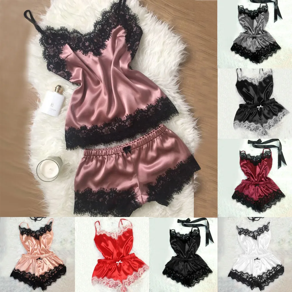 Женский пижамный комплект черный атласный кружевной топ без рукавов с v-образным