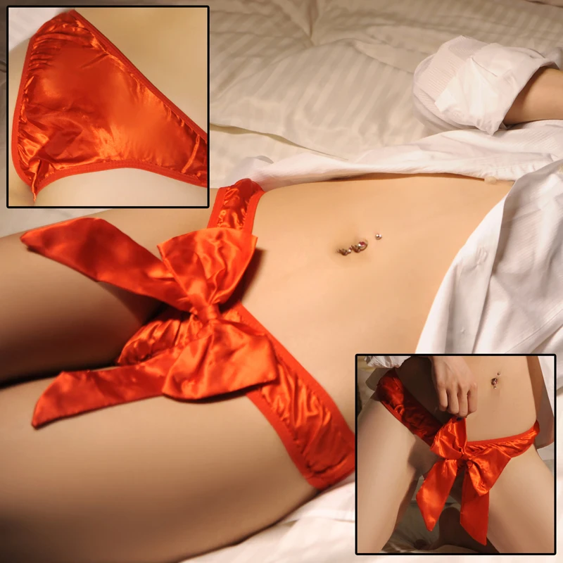 

Exotic Women Erotic Lingerie Sexy Big Bow Panties Anti-icing Silk Low Waist High Elasticity See-through Temptation Ladies Thong
