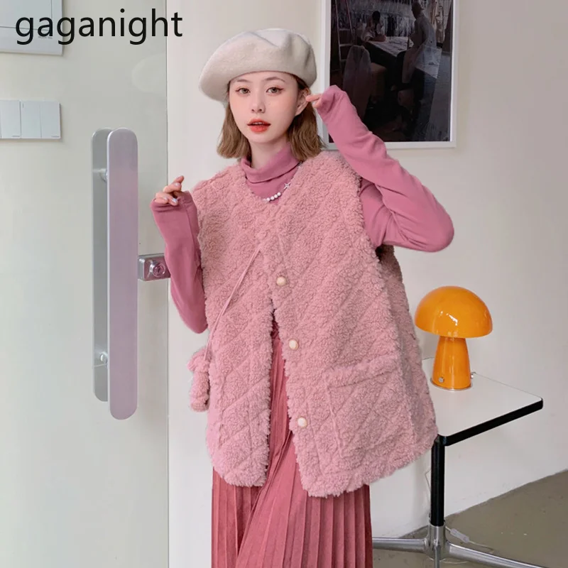 

Gaganight женский розовый жилет из ягненка 2021 осень и зима новый корейский Шикарный ретро однотонный Штабелируемый модный жилет без рукавов кур...