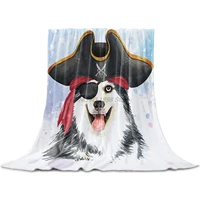 fleece throw blanket full size pirate husky dog with hat watercolor background lightweight flannel blankets for couch bed livi