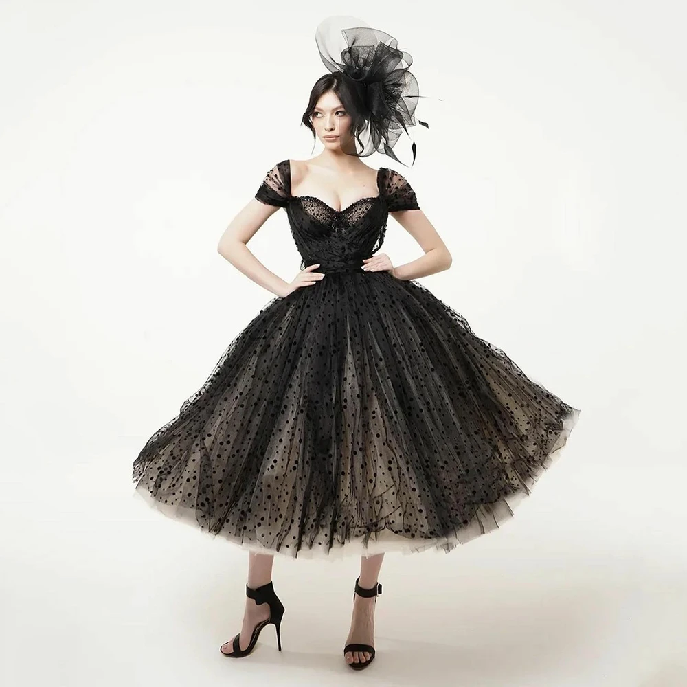 

Elegant Black Short A-Line Beading Tulle Prom Dress Cap Sleeves Sweetheart Evening Gowns Customized Homecoming Party Dresses