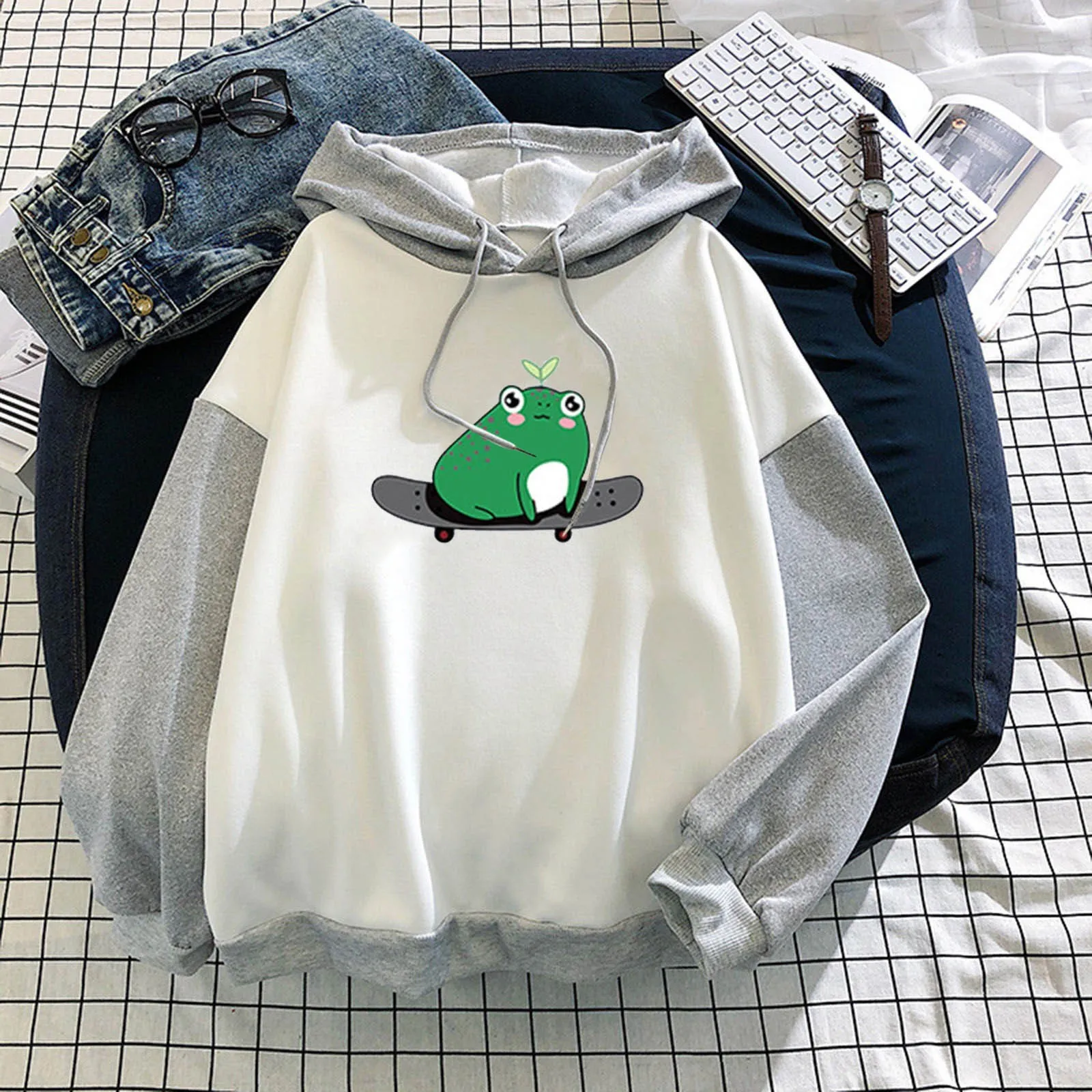 

Women Hoodies Sweatshirt Fashion Stitching Cute Plus Size Velvet Long-Sleeve Harajuku Draw String Loose Hooded Sweatshirt D716#