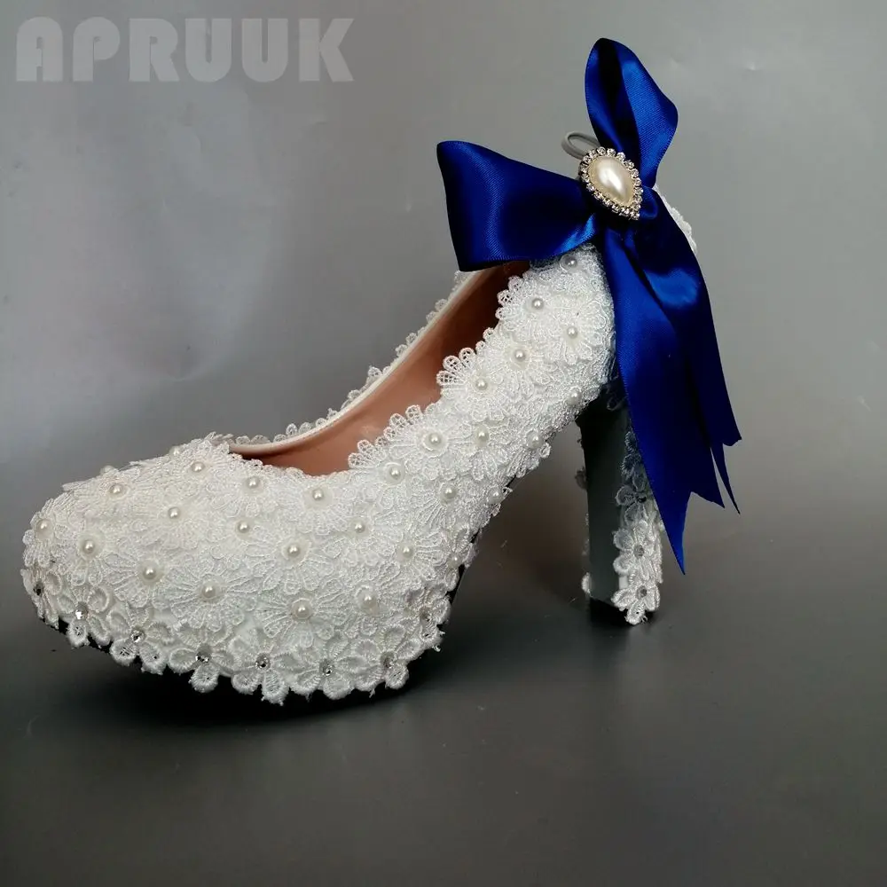White lace pearl wedding party pumps with royal blue satin riband butterfly-knot bridal bridesmaid dancing dress shoes plus size | Обувь
