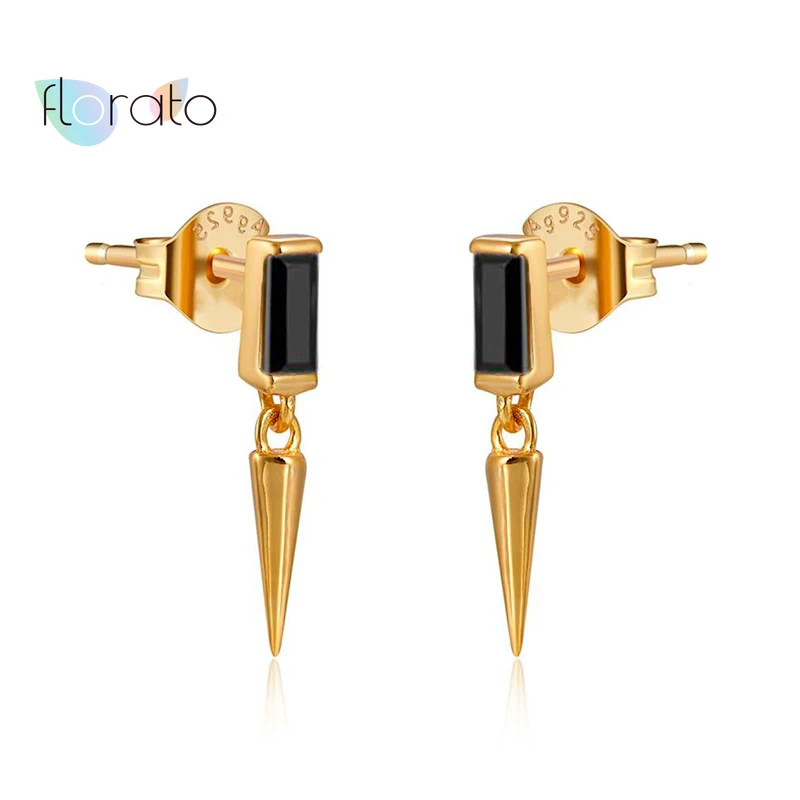 

925 Sterling Silver Ear Needle Black Zircon Stud Earrings For Women Simple Geometry Cone Earrings Jewelry Gift Pendanties